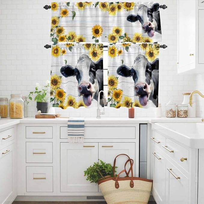 Kitchen Curtains Tiers and Valance Set of 3, Cow Sunflowers Light Filtering - Image 3