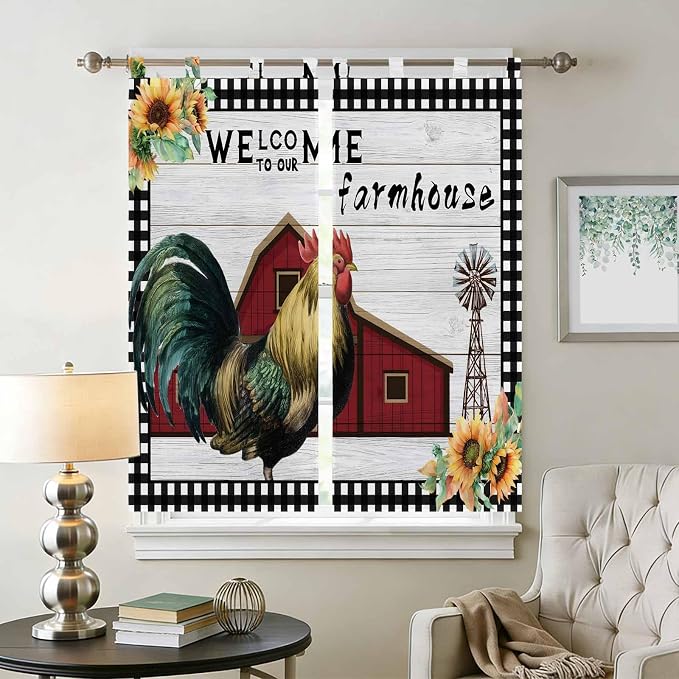 Farmhouse Rooster Bedroom Curtains 72 Inch Length, Window Curtains Tab Top - Image 2