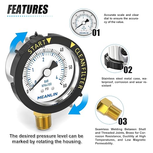 MEANLIN MEASURE 0~60Psi Stainless Steel Start and Clean Filter Pressure Gauge - Image 3