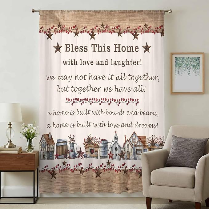 Farmhouse Sheer Curtains 84 Inch Length Country Star Barn Berry Brown Wood - Image 3