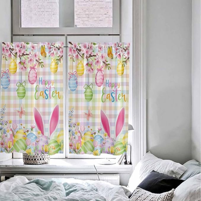 Happy Easter Tier Curtains 45 Inches Long, Spring Bunny Colorful Eggs Flower - Image 5