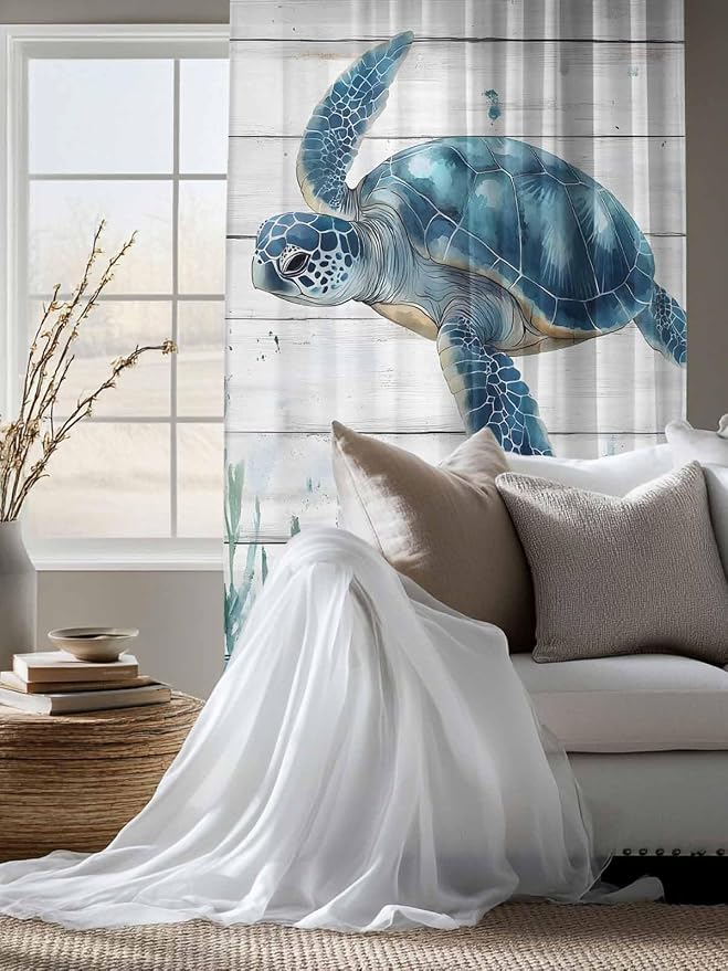 Sheer Curtains 63 Inch Length, Teal Green Ocean Turtle Semi Sheer Curtains - Image 4