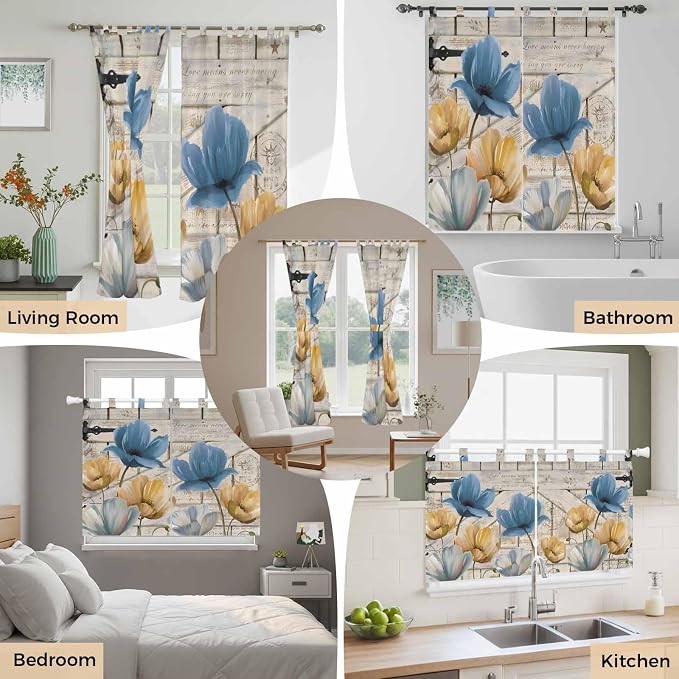 Blue Yellow Tulips Bedroom Curtains 72 Inch Length, Window Curtains Tab Top - Image 7