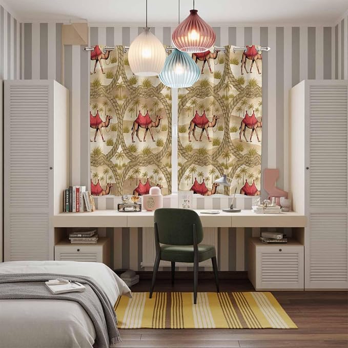 2 Panel Kitchen Cafe Curtains, Desert Camels Sunlight Filtering Nature Air - Image 5