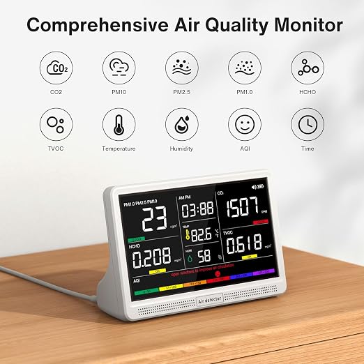 16 in 1 Air Quality Monitor Indoor 7" Display 9 AQI+7 AQI Alerts Air Quality - Image 2