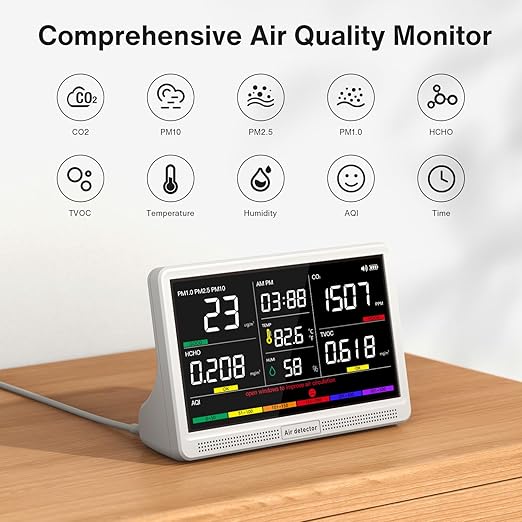 16 in 1 Air Quality Monitor Indoor 7" Large Display 9 AQI+7 Alerts, CO2 Monitor - Image 2