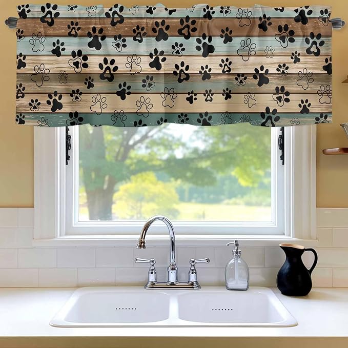 Dog Paws Valances for Windows, Teal Brown Wood Grain Kitchen Valance Light - Image 6