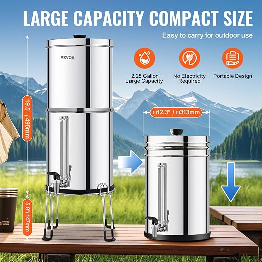 VEVOR Gravity-fed Water Filter System, 2.25G 304 Stainless-Steel Countertop - Image 5