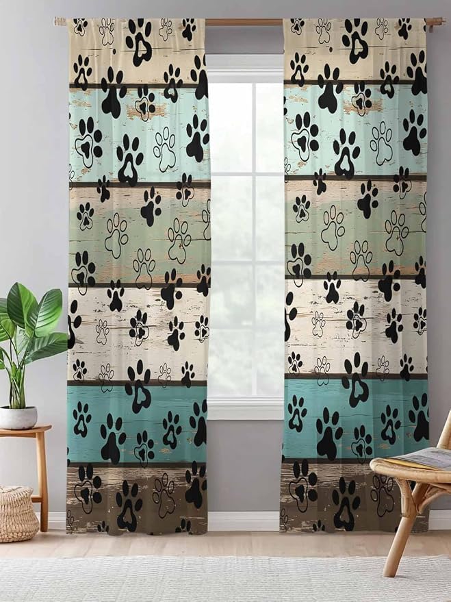 Sheer Curtains 108 Inches Long, Sage Green Brown Paw Prints Semi Sheer Curtains - Image 5