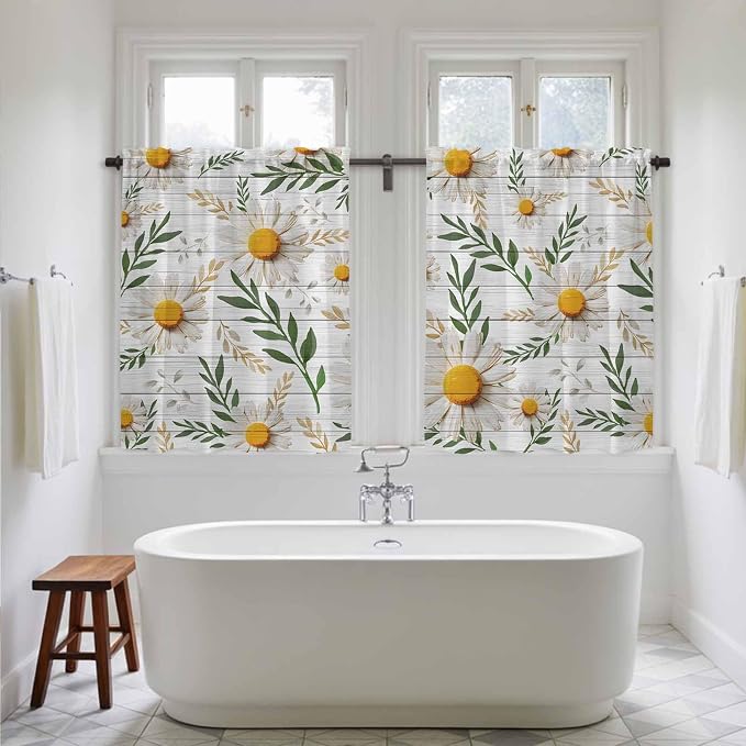 Spring Daisy Kitchen Curtains, Farmhouse Country Flower Leaf Plant Wood Grain - Image 5