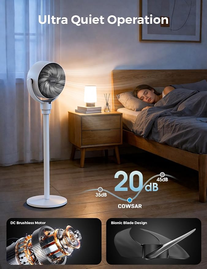 COWSAR Standing Fan for Bedroom, 20dB Quiet Pedestal Fan, 150°+120°Auto - Image 4