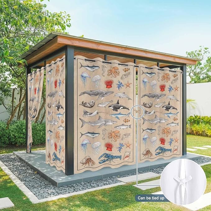 Vintage Outdoor Curtains for Patio Sharks Whales Lobsters Biographies - Image 7