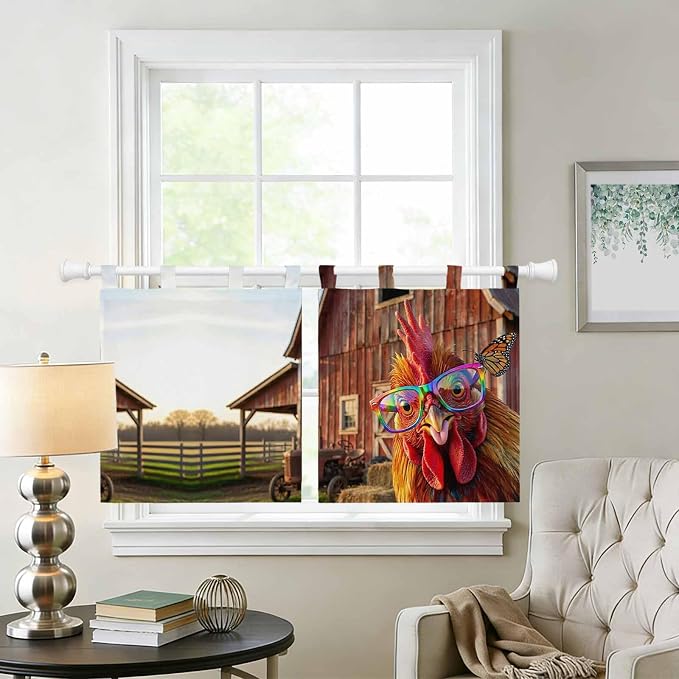 Farm Rooster Kitchen Curtains 24 Inch Length, Small Window Curtains Tab Top - Image 2