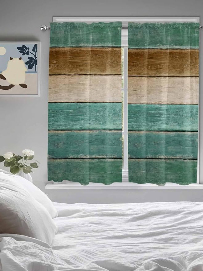 Vintage Plank Turquoise Brown Window Valance Curtains, Farmhouse Wood Grain - Image 4