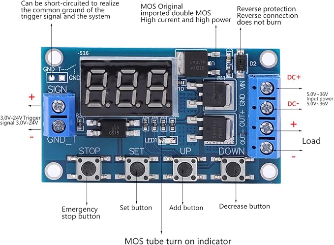 DC 5-36V Timer Module, 60x34 mm Delay Timing Cycle Module, Delay Timer Relay - Image 2