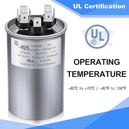 Frienda 45/5 μF Dual Run AC Capacitor 370V/440VAC, 45+5 MFD CBB65 Round - Image 5