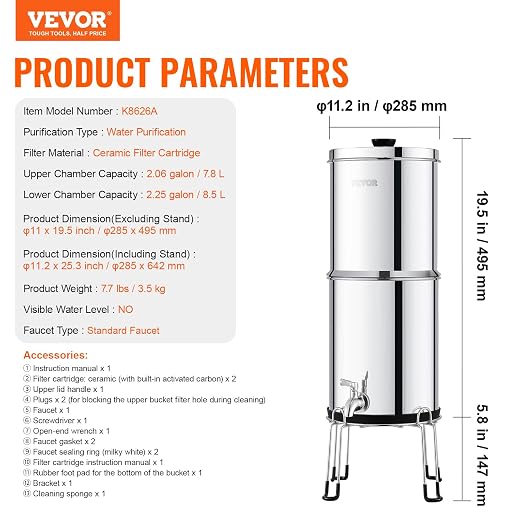 VEVOR Gravity-fed Water Filter System, 2.25G 304 Stainless-Steel Countertop - Image 7