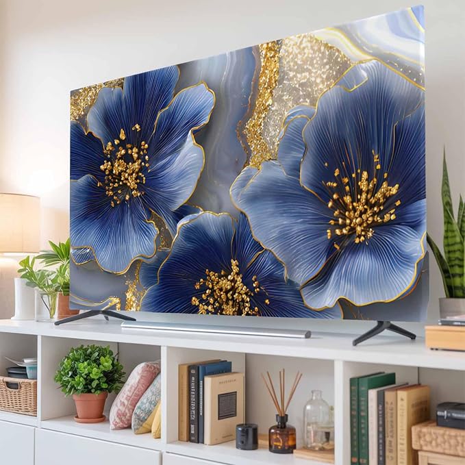 Watercolor Blue Flower Abstract Gold Indoor TV Cover, Elastic TV Screen - Image 6