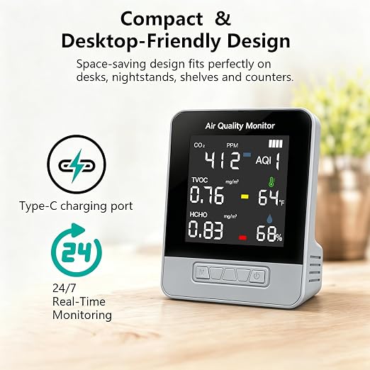 6-in-1 Air Quality Monitor, Smart Indoor CO2 Detector & HCHO TVOC AQI Tester - Image 5