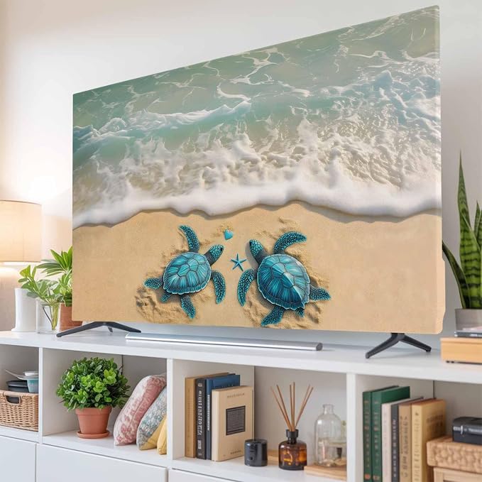 Blue Sea Turtle Summer Beach Indoor TV Cover, Elastic TV Screen Protector Teal - Image 6