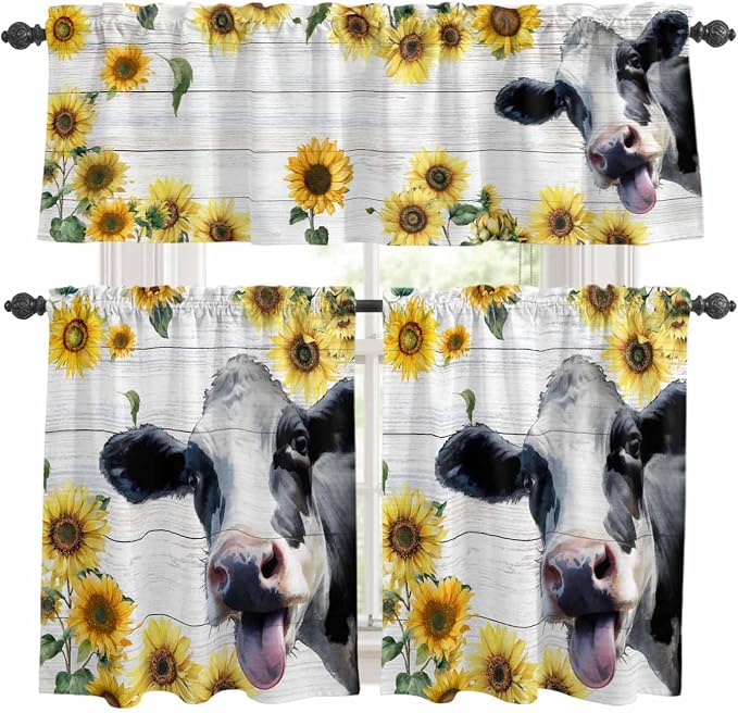 Kitchen Curtains Tiers and Valance Set of 3, Cow Sunflowers Light Filtering by Anzona