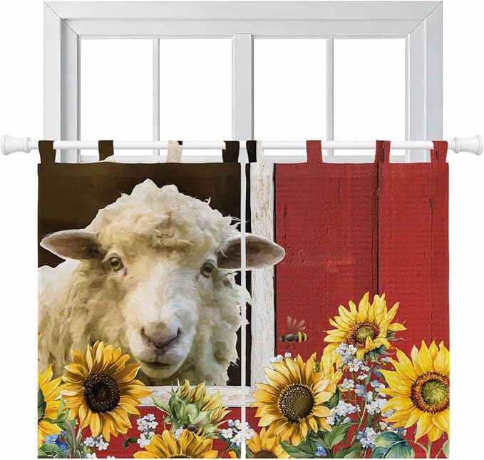 Sheep Flowers Kitchen Curtains 45 Inch Length, Short Cafe Window Curtains Tab by Unknown