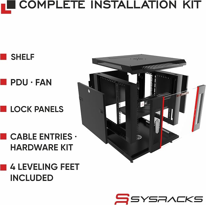 Sysracks 12U Wall Mount Server Rack Cabinet, 19” Locking Network Rack, 24” Deep - Image 4