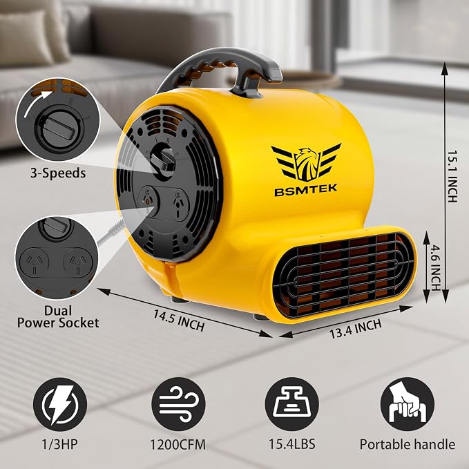 Air Mover Blower Fan, Industrial 1/3HP 1200CFM Monster Floor Blower Carpet - Image 5
