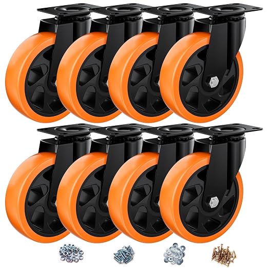 5" Swivel Plate Casters Set of 8 Heavy Duty 1400 lbs | Orange PU, Non-Marking by ASHGOOB