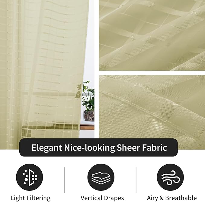 SpaceDresser Check Sheer Curtains 63 Inches 2 Panels Set, Rod Pocket Plaid Window Curtain for Living Room, Sage Green Semi Sheer Drapes for Kitchen Bedroom Children Room Yard（Sage Green, 52W x 63L）