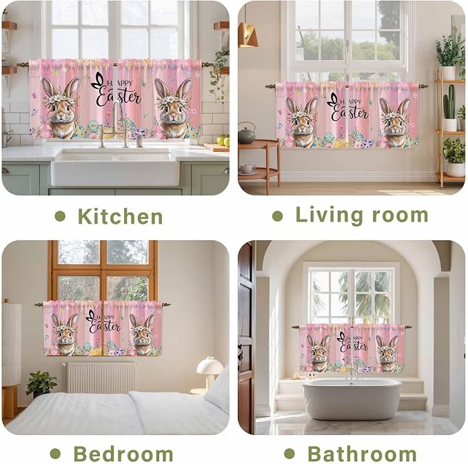 Easter Tier Curtains, Spring Rabbit Eggs Flowers Flags Leaves Wood Grain Light - Image 8