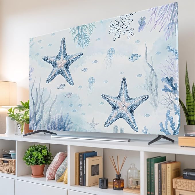 Sea Blue Starfish Coral Indoor TV Cover, Elastic TV Screen Protector Coastal - Image 6
