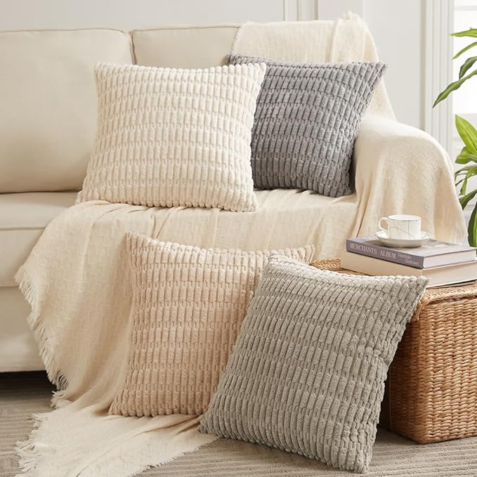 Fancy Homi 4 Packs Taupe Decorative Throw Pillow Covers 24x24 Inch for Living Room Couch Bed, Rustic Modern Farmhouse Boho Home Decor, Soft Plush Corduroy Cute Square Accent Cushion Case 60x60 cm