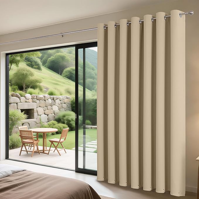 Joydeco Blackout Patio Sliding Door Curtains 108 Inches Long, Grommet Privacy Room Divider Curtains, Extra Wide Thermal Blackout Drapes for Bedroom Living Room (Light Beige, 80Wx108L, 1 Panel)