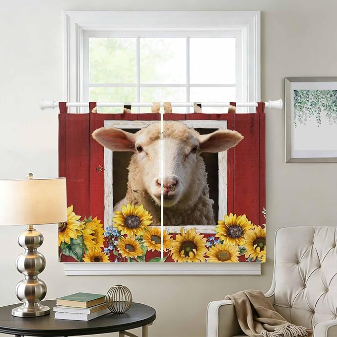 Sheep Sunflower Kitchen Curtains 45 Inch Length, Short Cafe Window Curtains Tab - Image 2