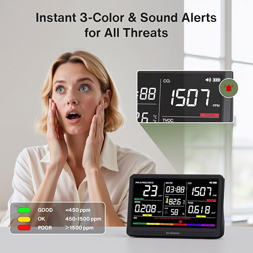 bonoch 16 in 1 Air Quality Monitor Indoor 7" Display 9 AQI+7 Alerts, CO2 - Image 4