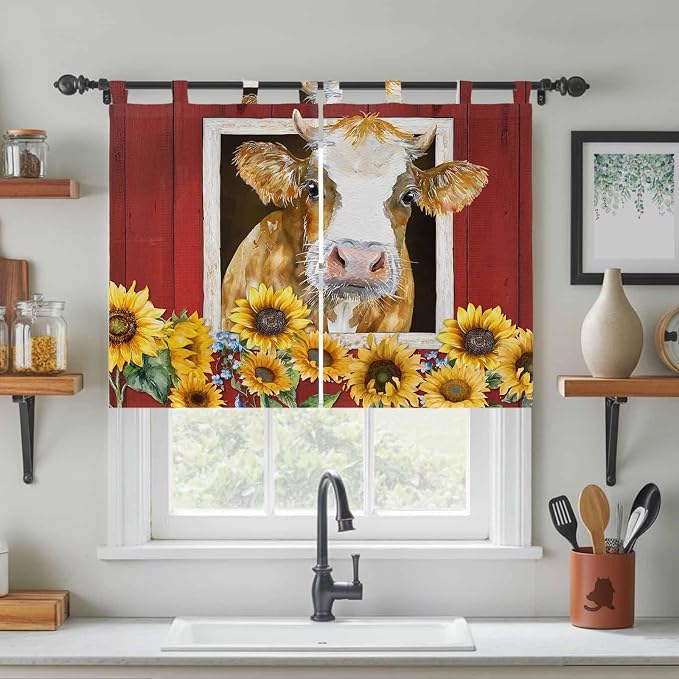 Cows Sunflowers Kitchen Curtains 45 Inch Length, Short Cafe Window Curtains Tab - Image 3