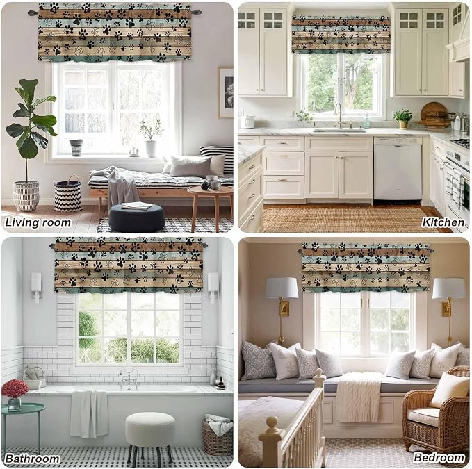 Dog Paws Valance Curtains for Kitchen, Teal Brown Wood Grain Privacy Rod Pocket - Image 8