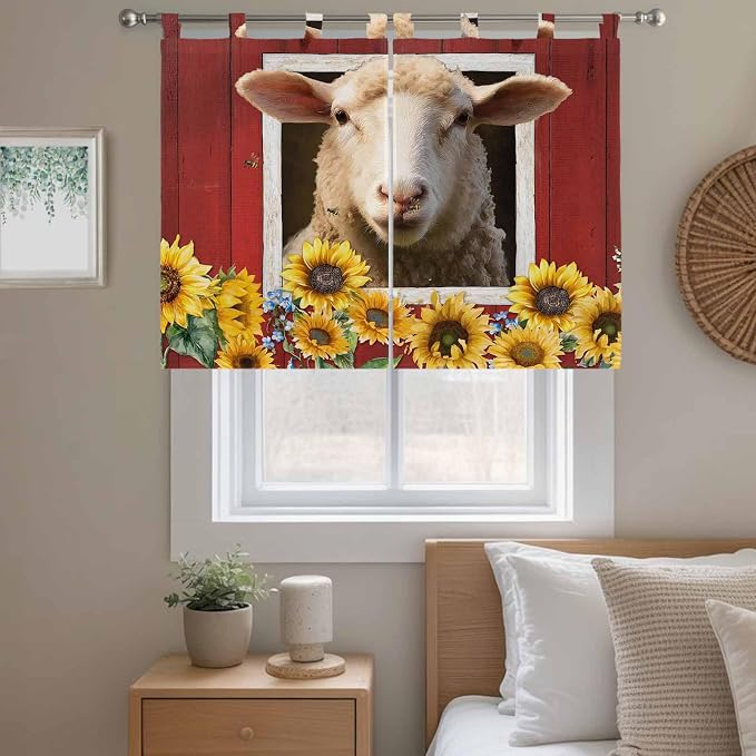 Sheep Sunflower Kitchen Curtains 45 Inch Length, Short Cafe Window Curtains Tab - Image 9