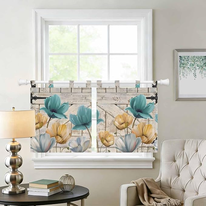 Watercolor Flowers Kitchen Curtains 24 Inch Length, Small Window Curtains Tab - Image 2