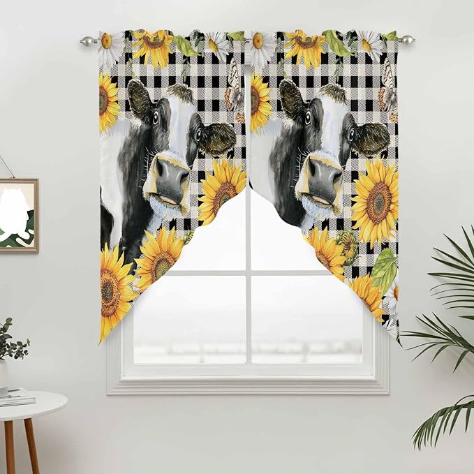 Retro Sunflowers Swag Valances for Windows, Farmhouse Floral Cow Butterfly - Image 3