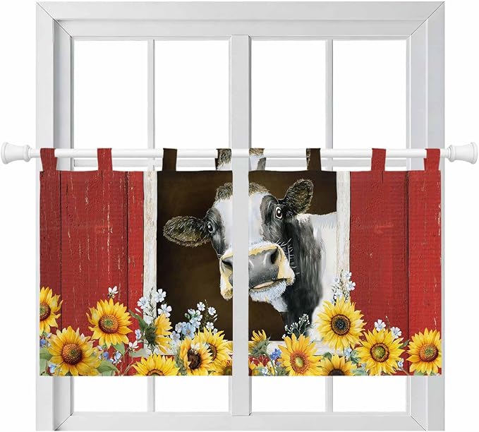 Cows Sunflowers Kitchen Curtains 24 Inch Length, Small Window Curtains Tab Top by Unknown