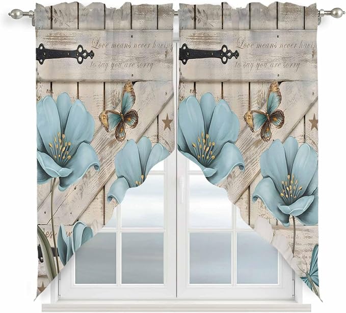 Teal Blue Tulips Swag Valances for Windows, Spring Floral Barn Doors Vintage by Unknown