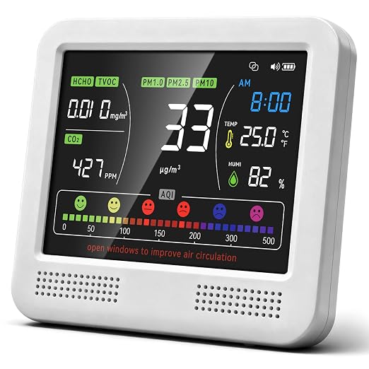 16-in-1 Air Quality Monitor 18Hr Battery 7" LCD CO2 PM2.5 TVOC AQI Alert by NowGetYourLife