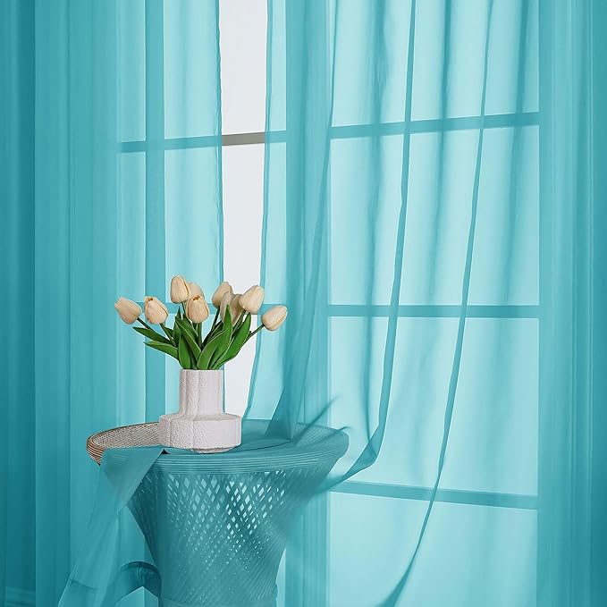 OWENIE Sheer Turquoise Curtains, Sheer Curtains 63 inch Length 2 Panels Set, Rod Pocket Voile Fimly Sheer Drapes for Living Room Bedroom, 2pcs, Turquoise, Each 59" W x 63" L