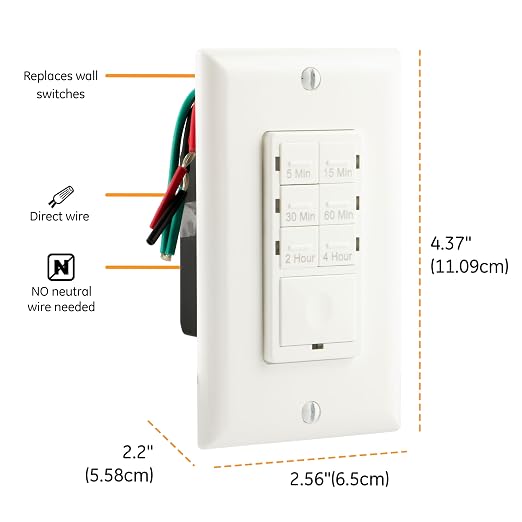 GE Push-Button in-Wall Countdown Timer Switch, No Neutral Wire Needed, Bathroom - Image 2