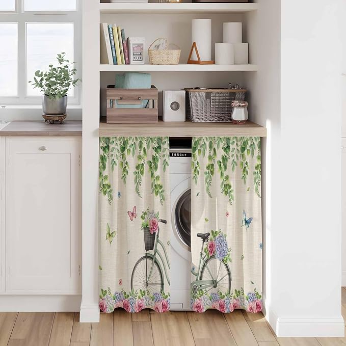 Farmhouse Spring Kitchen Curtains, Retro Bicycles Flowers Vines Butterfly Light - Image 7