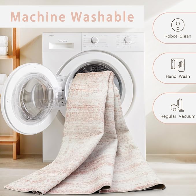 Washable Rugs 9x12 Area Rugs for Living Room,Rugs for Bedroom,Large Carpets,Ultra Soft Faux Wool Retro Dining Room Rug,Non Slip&Non-Shedding Low Pile Vintage Print Rug for Home Office-Pink White