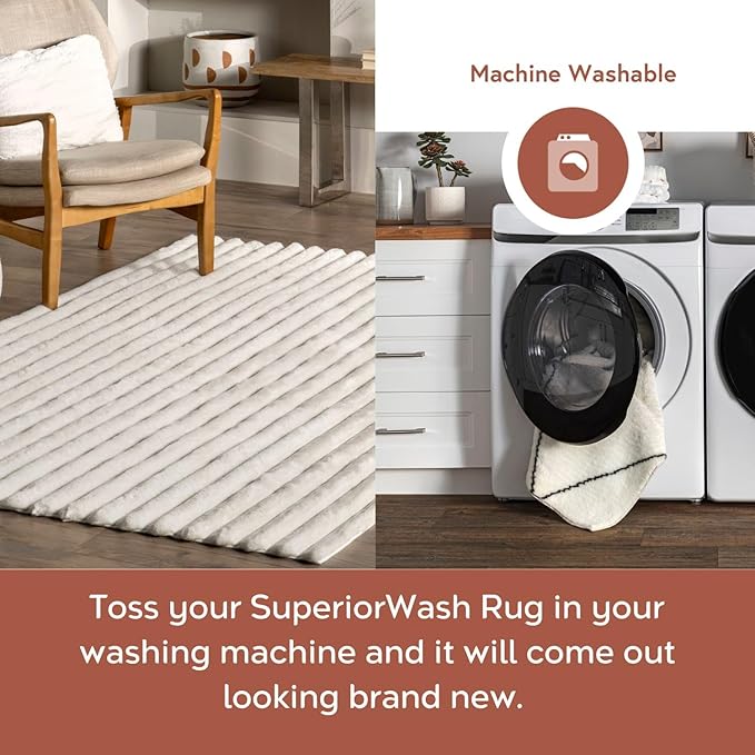 Nuloom SuperiorWash Collection Kai Off-White, 7'6" x 9'6", Fluffy and Cozy, High Traffic, Stain Resistant, Easy Clean, Durable Washable Area Rug for Bedroom, Living Room, Dining, Den, Foyer, Entryway