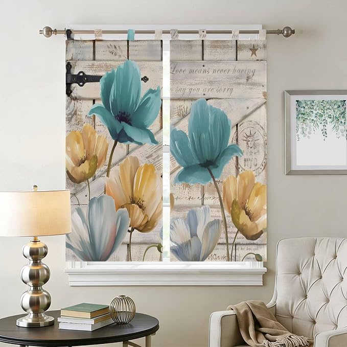 Watercolor Flowers Bedroom Curtains 72 Inch Length, Window Curtains Tab Top - Image 2